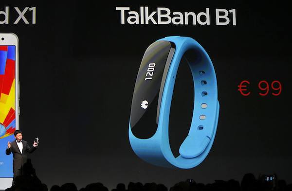 Huawei CEO Richard Yu talks about the TalkBand B1 during a Huawei presentation before the start of the Mobile World Congress in Barcelona